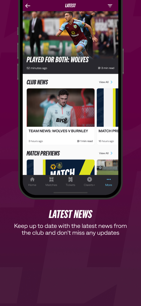 バーンリーFC公式アプリ。最新ニュースと試合プレビューが表示されています。