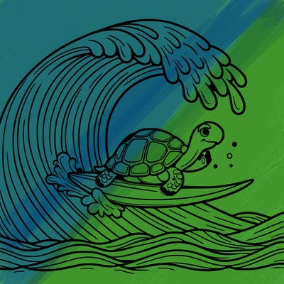 a tortoise surfing on a giant wave
