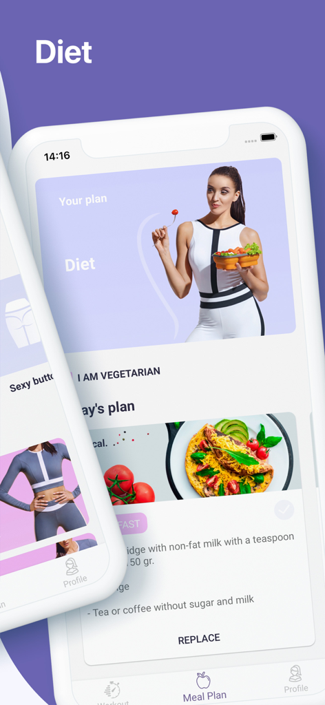 Lose Weight Workout app interface showing a personalized diet and meal plan with vegetarian options.