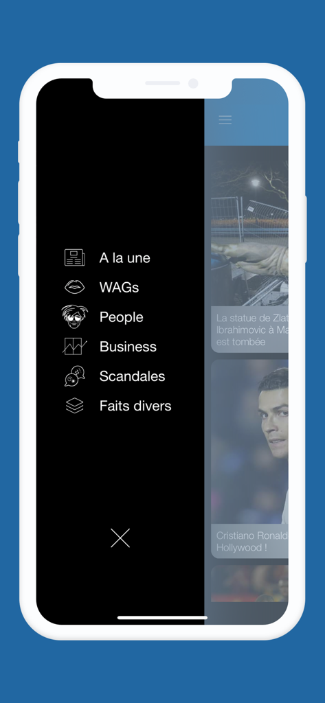 Footmag app navigation menu displaying soccer news categories like WAGs and scandals