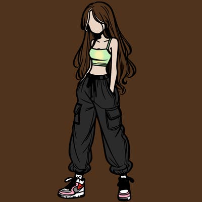 girl in baggy pants crop top and long hair