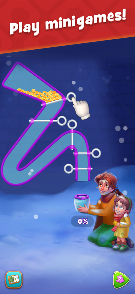 A pull the pin logic puzzle minigame in Gardenscapes where coins are released to characters in a snowy scene