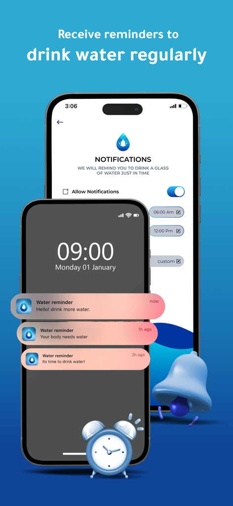 iPhone lock screen displaying multiple water intake reminder notifications