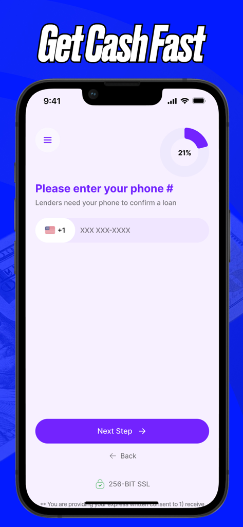 Cash Advance Now - By Ocoee. - Mobile app screen showing a phone number input field for a quick cash advance loan application