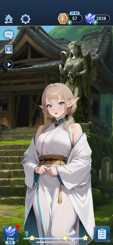 An anime style elf girl with blonde pigtails and a white outfit standing in front of a traditional temple