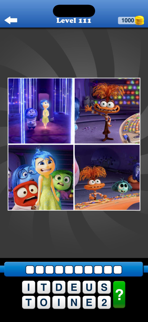 Guess the Movie: Film Pop Quiz - Captura de pantalla de juego de Adivina la Película que muestra un nivel de trivia con personajes de Inside Out 2.