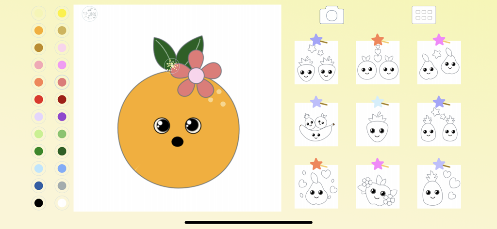 Fruit Coloring for Kid Toddler - Digital interface of a fruit coloring app for toddlers featuring a cute orange character and color palette