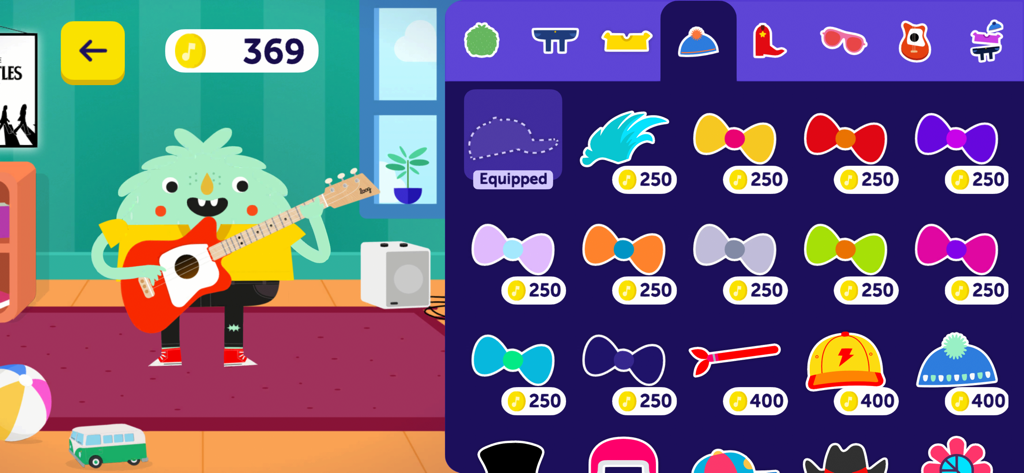 A monster character playing guitar next to a customization menu with hats and bows in the Loog Guitar app.