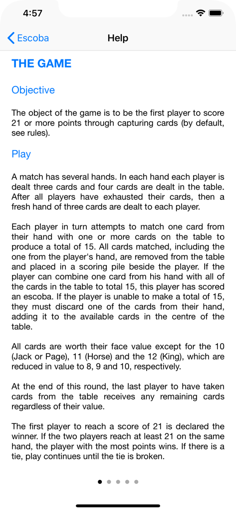 Pantalla de ayuda con reglas e instrucciones para el juego de cartas iEscoba.