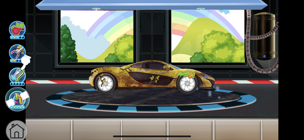 Car Wash Learning Unlocked - Um carro esportivo sujo coberto de folhas e lama dentro de uma estação de lavagem de carros colorida