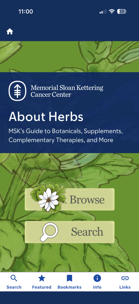 Home screen of the About Herbs app by Memorial Sloan Kettering Cancer Center showing browse and search options.