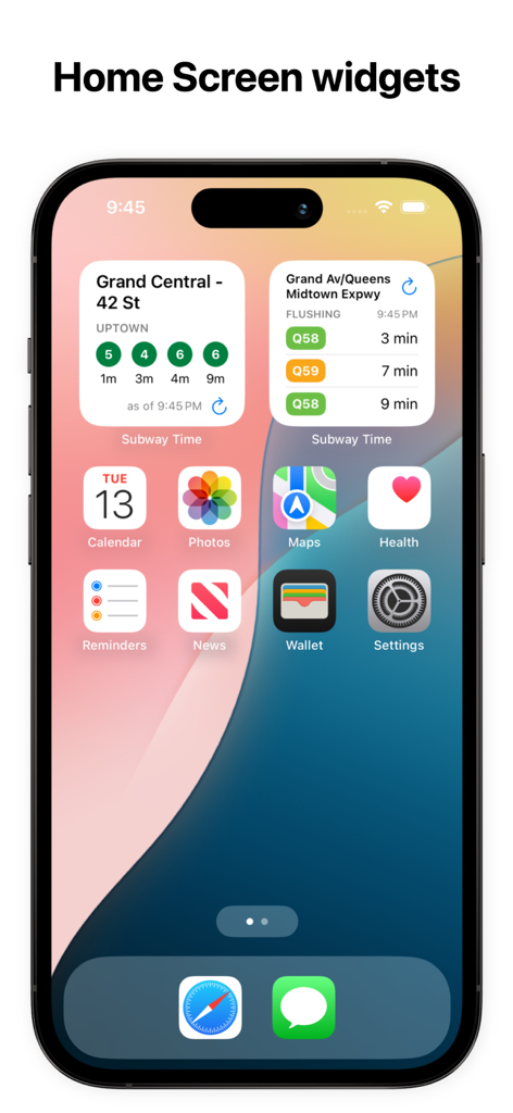 Subway Time NYC - iPhone home screen displaying real-time subway and bus arrival widgets for NYC commuters