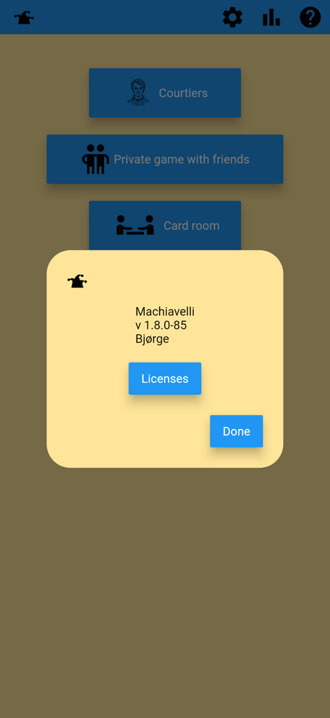Machiavelli Card Game - Main menu screen of the Machiavelli card game app with a version information pop up showing developers name and licenses button