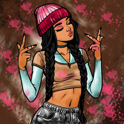realistic teenage girl with braids and a beanie and crop top doing 🫶🏼