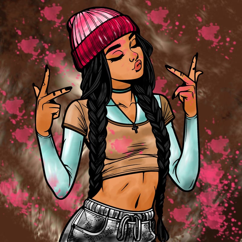 realistic teenage girl with braids and a beanie and crop top doing 🫶🏼