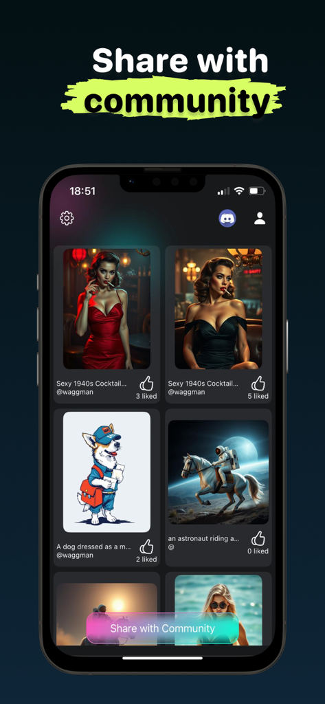 Capture d'écran de l'application AI Art Generator montrant une galerie d'images générées par les utilisateurs partagées avec la communauté