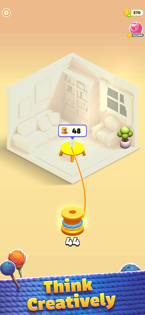 Thread Jam - Untangle 3D Ropes - A 3D embroidery puzzle in Thread Jam featuring a miniature room being stitched with yellow thread and the text Think Creatively.