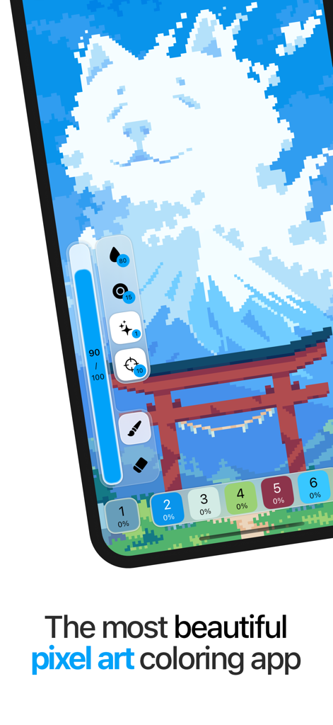 Pixquare mobile app interface showing a pixel art coloring project of a dog shaped cloud.