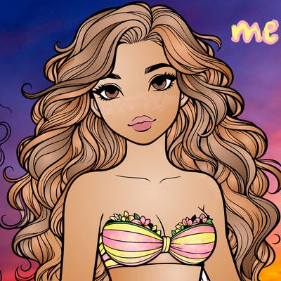 realistic girl with wavy hair and a bikini top on