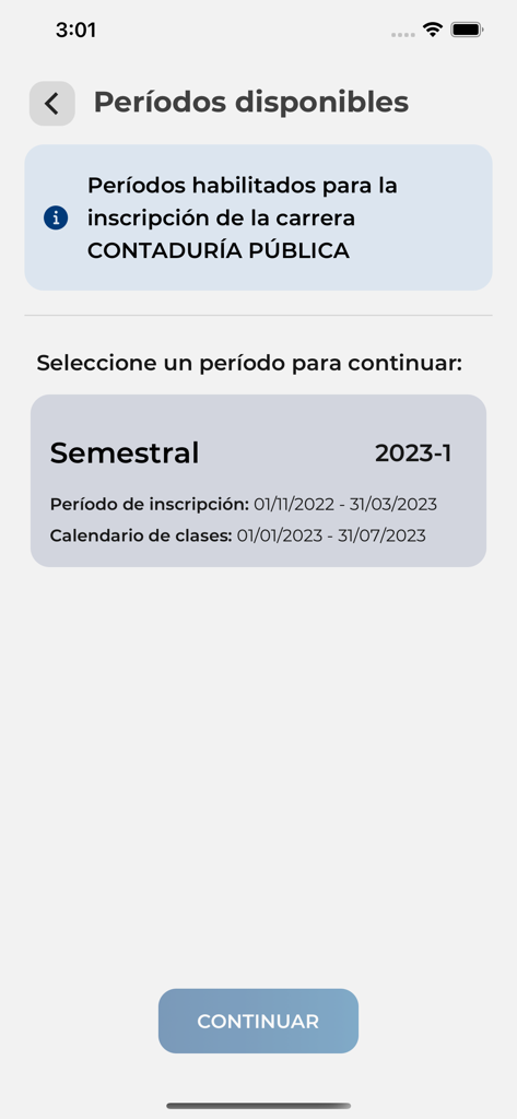 대학 학위의 등록 가능한 학기 기간을 보여주는 모바일 앱 화면