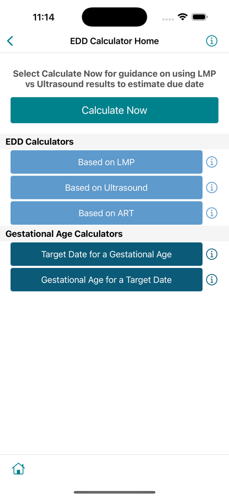 Pantalla de la aplicación móvil ACOG que muestra opciones para calculadoras de FPP y calculadoras de edad gestacional.