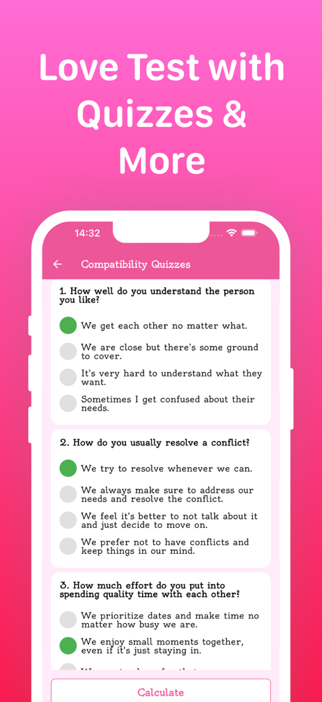 Love Tester: Find Real Love - Love Tester app compatibility quiz screen with multiple choice relationship questions on a pink background.