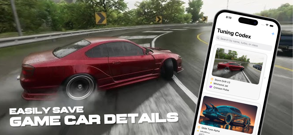 Race X Drift - Um carro esportivo vermelho fazendo drift em uma pista ao lado de um iPhone exibindo o menu de personalização de carros do Codex de Ajustes