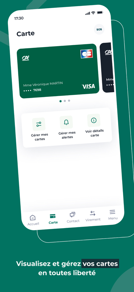 Interface of the Ma Banque app showing Credit Agricole bank card management features including card details and alert settings.