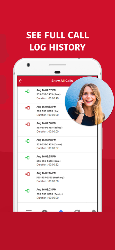 Interface showing the call log history and duration on the WebWatcher Parent App