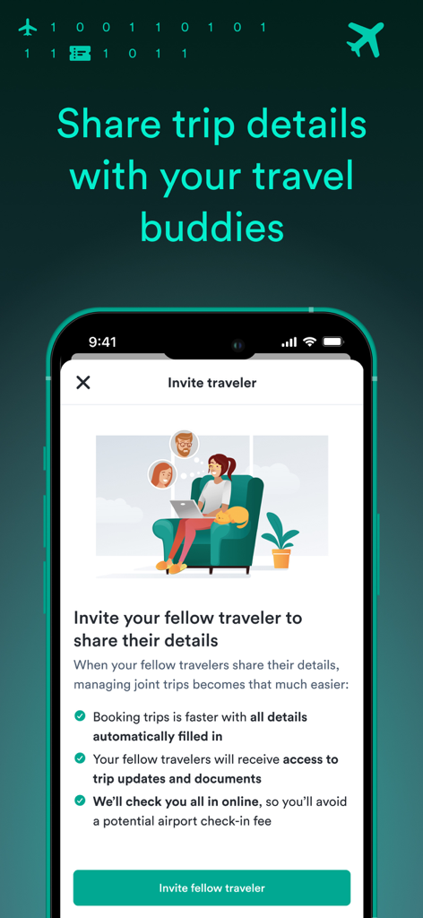 Pantalla de la aplicación Kiwi.com para invitar compañeros de viaje y compartir detalles del viaje