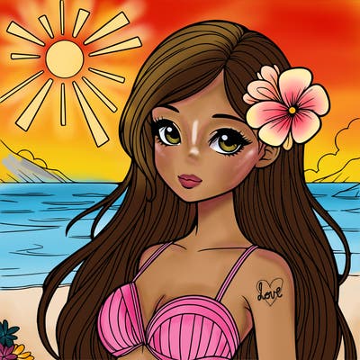 realistic girl with a flower on her hair and standing outside in the sun at the beach with a swimsuit on