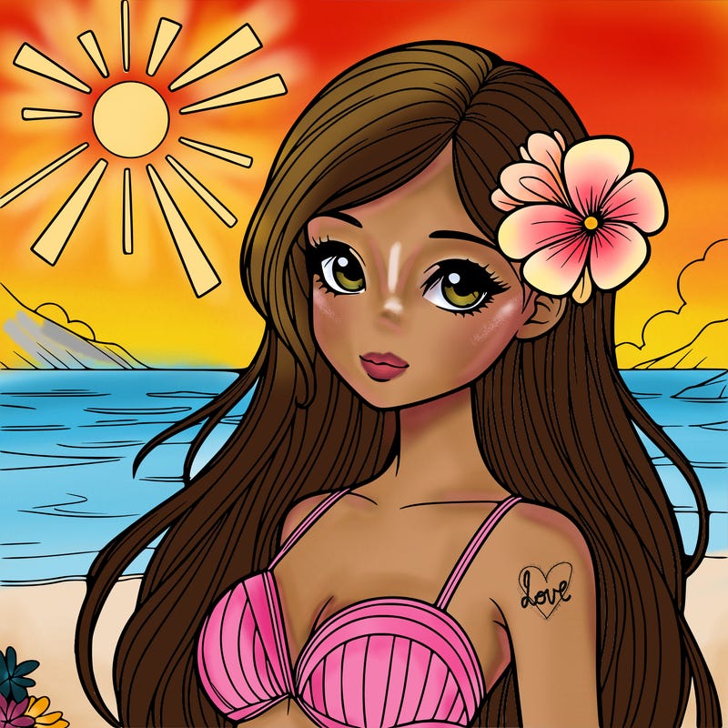 realistic girl with a flower on her hair and standing outside in the sun at the beach with a swimsuit on