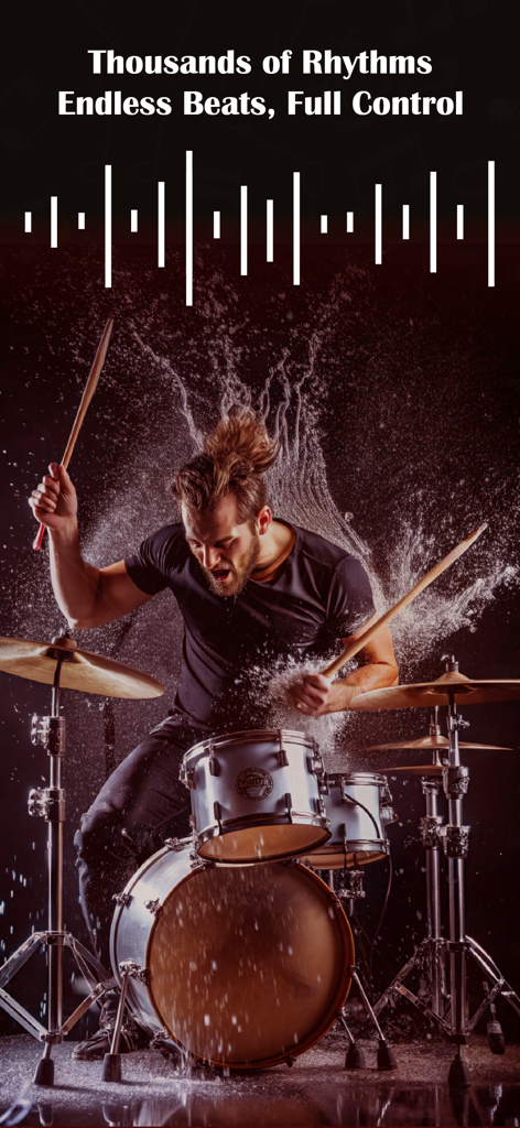 ORG 24: Your Music - Ein Mann, der Schlagzeug spielt, mit Wasser, das um ihn herum spritzt, und einer digitalen Schallwellengrafik