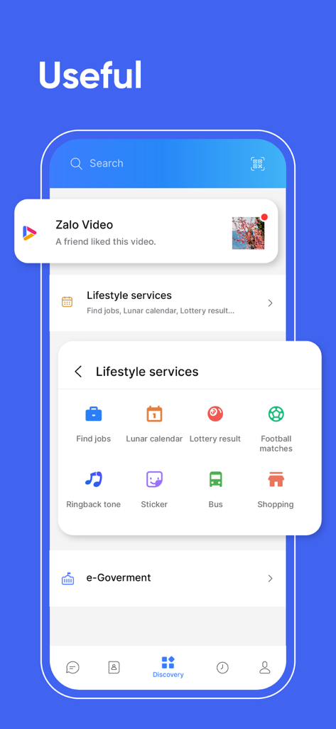 Zalo App-Oberfläche mit Lifestyle-Diensten wie Jobsuche, Mondkalender und Videofunktionen