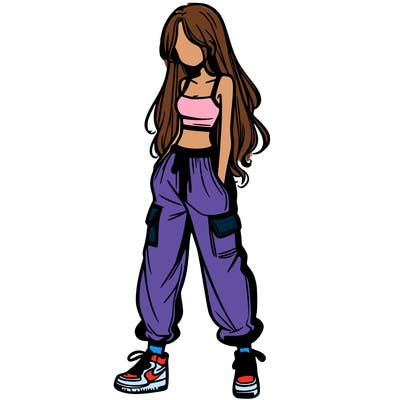 girl in baggy pants crop top and long hair