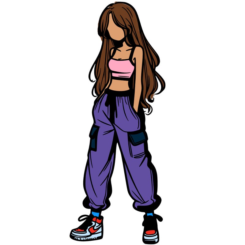 girl in baggy pants crop top and long hair