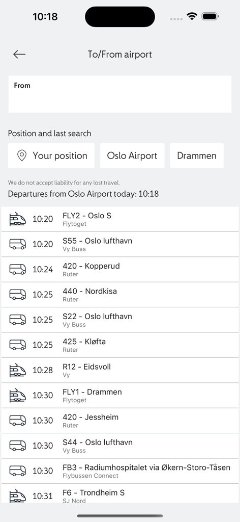 Echtzeit-Abfahrtspläne für Züge und Busse vom Flughafen Oslo in der Avinor-App