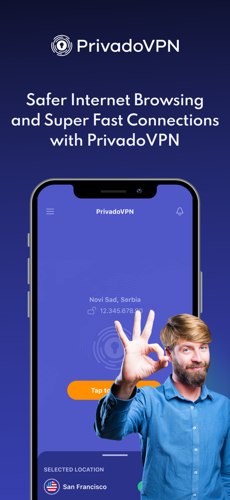 Interface de l'application mobile PrivadoVPN montrant les options de connexion sécurisée sur un iPhone