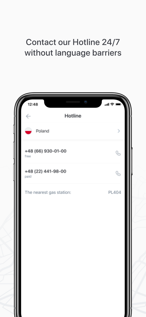 Tela de suporte de linha direta do aplicativo E100 mobile mostrando números de contato de suporte ao cliente multilíngue 24/7