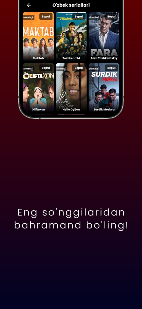 Yangi TV - Mobile screen of Yangi TV app showcasing a selection of Uzbek TV series and movies available for streaming