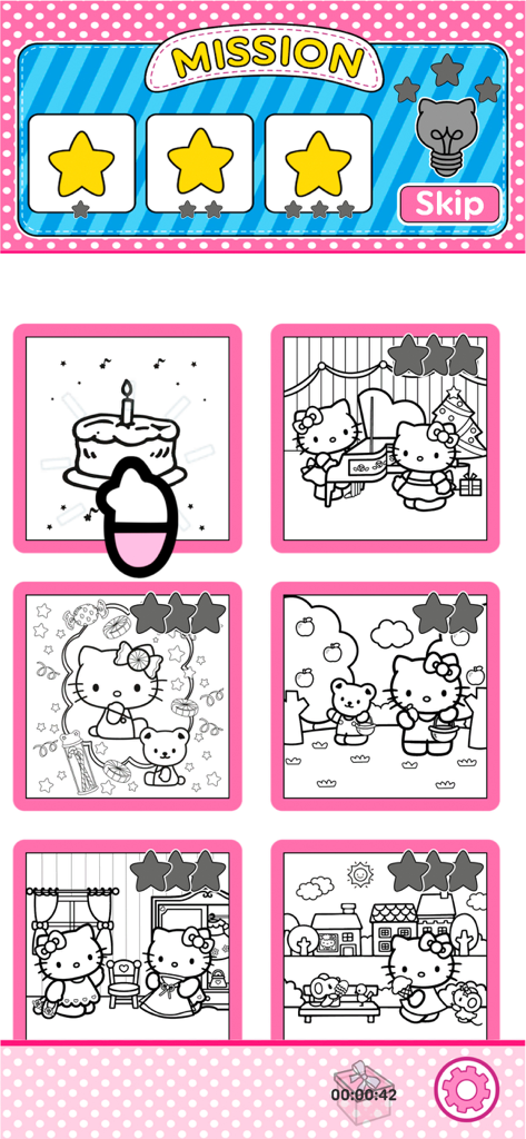 Hello Kitty: Coloring Book - 색칠할 다양한 선화 장면을 보여주는 헬로 키티 색칠 공부 임무 메뉴
