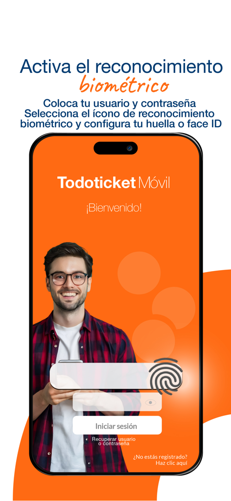 Todoticket - Login screen of Todoticket Movil app showing biometric recognition activation for Face ID and fingerprint access.