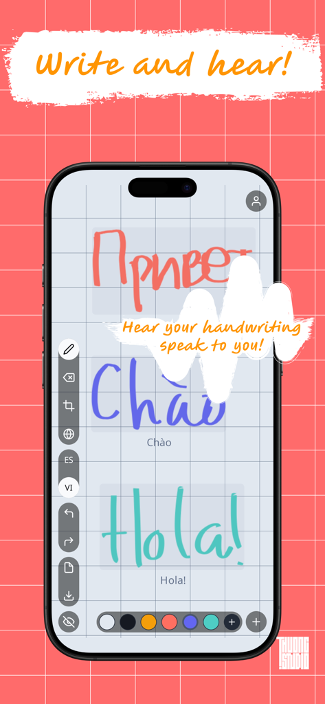 VocaBoard: Writing Practice - VocaBoard app interface showing handwriting practice for multiple languages with translation and voice features.