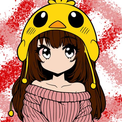 anime girl with chick shaped hat with sweater with bare shoulders with bangs covering them one eye with low tail