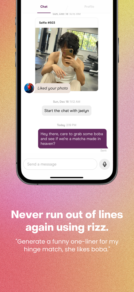 Rizz app interface showing an AI generated dating pickup line about boba for a chat match