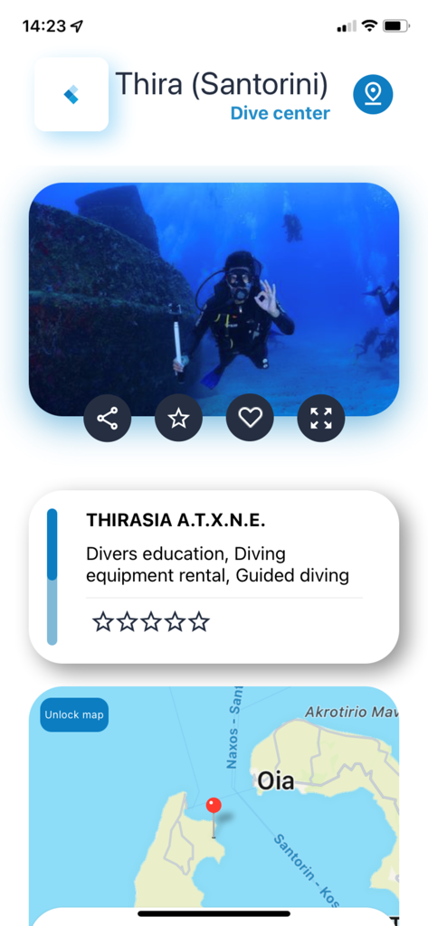 SafeWaterSports - SafeWaterSports app screen showing a scuba diving center profile in Santorini with a photo of a diver and a map