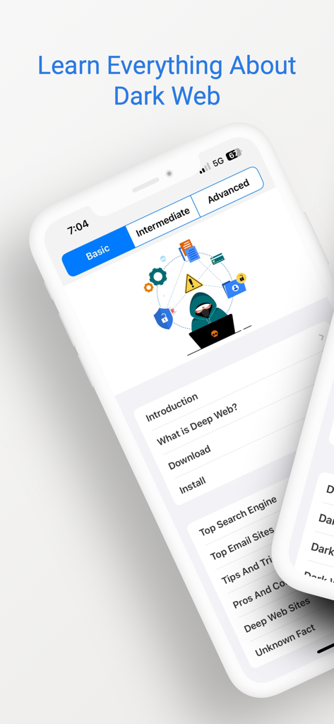 다크 웹 가이드 앱의 기본 교육 튜토리얼 및 사이버 보안 아이콘을 보여주는 모바일 앱 화면.