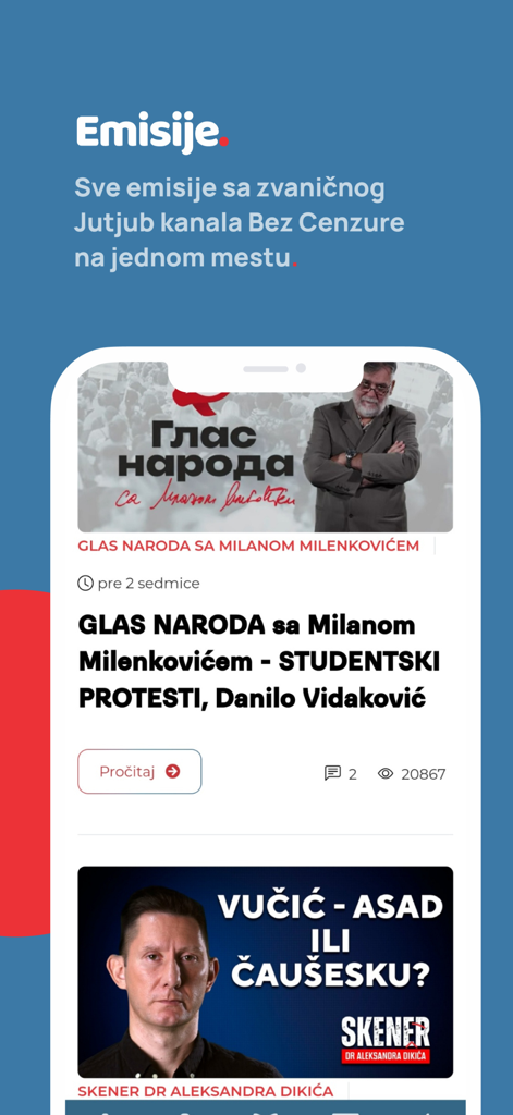 Bez Cenzure - セルビアのニュース番組や政治解説ビデオのフィードを表示する検閲なしアプリ画面。