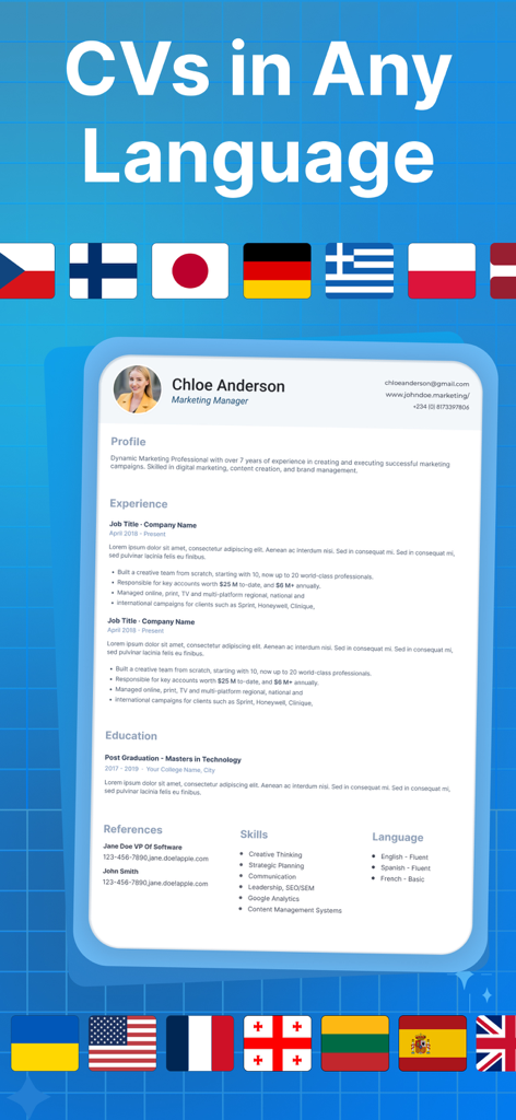 Resume Builder & CV Maker AI - Mobile App-Bildschirm, der eine professionelle Lebenslaufvorlage unter dem Text 'Lebensläufe in jeder Sprache' mit verschiedenen internationalen Flaggen anzeigt