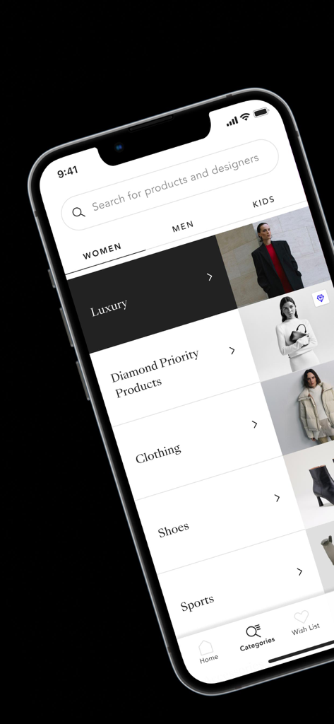Interface do aplicativo móvel BESTSECRET mostrando categorias de roupas de luxo, sapatos e esportes